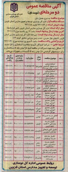آگهی مناقصه عمومی دو مرحله ای , مناقصه استانداردسازی سیستمهای گرمایشی مدارس..