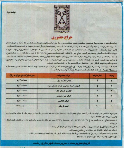 حراج حضوری,مزایده واگذاری تعداد 6 باب غرفه