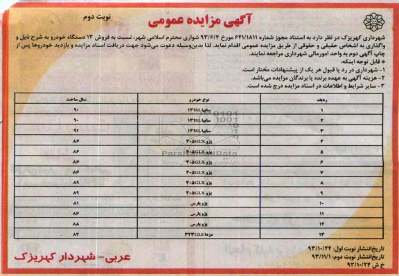 آگهی مزایده عمومی,مزایده فروش 13 دستگاه خودرو