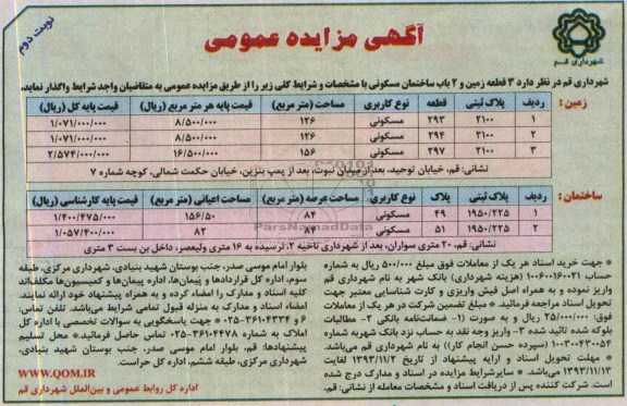 مزایده,واگذاری سه قطعه زمین و دو باب ساختمان