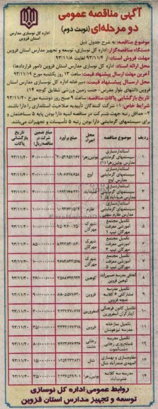 آگهی مناقصه عمومی دو مرحله ای , مناقصه استانداردسازی سیستمهای گرمایشی مدارس..