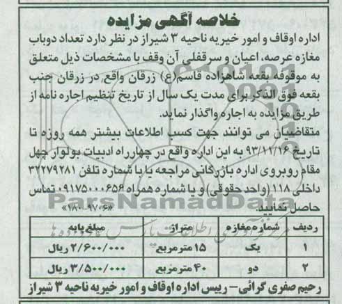 خلاصه آگهی مزایده , خلاصه آگهی مزایده تعداد دو باب مغازه
