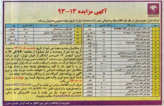 مزایده , مزایده اقلام و خودروهای مازاد و ضایعاتی