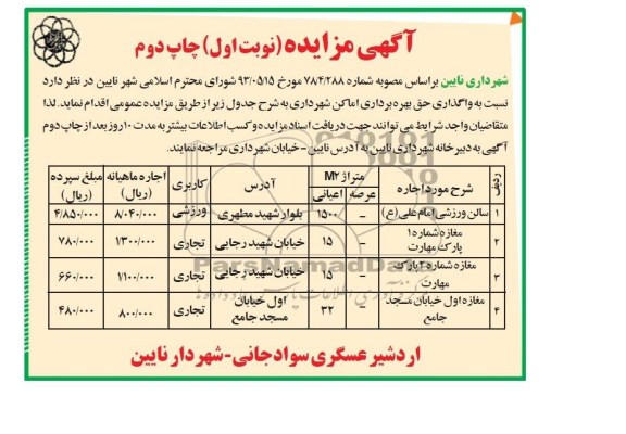 آگهی مزایده , مزایده واگذاری حق بهره برداری اماکن شهرداری