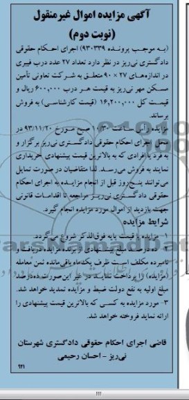مزایده اموال غیرمنقول , مزایده اموال غیرمنقول تعداد 27 عدد درب فیبری