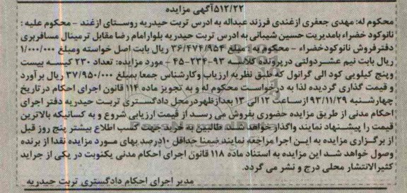 آگهی مزایده, مزایده تعداد 230 کیسه بیست و پنج کیلویی کود الی گرانول