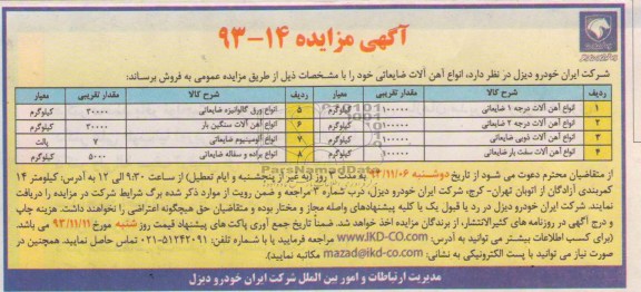 مزایده , مزایده انواع آهن آلات ضایعاتی