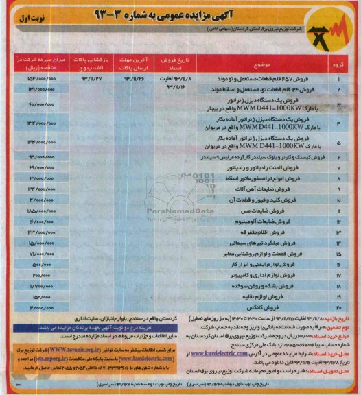مزایده عمومی , مزایده عمومی فروش 457 قلم قطعات مستعمل و نو مولد