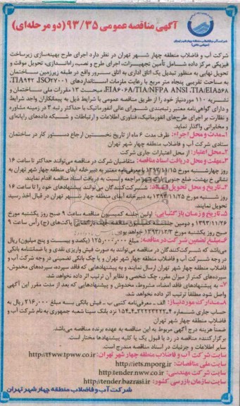 مناقصه , مناقصه اجرای طرح بهینه سازی زیرساخت فیزیکی مرکز داده 