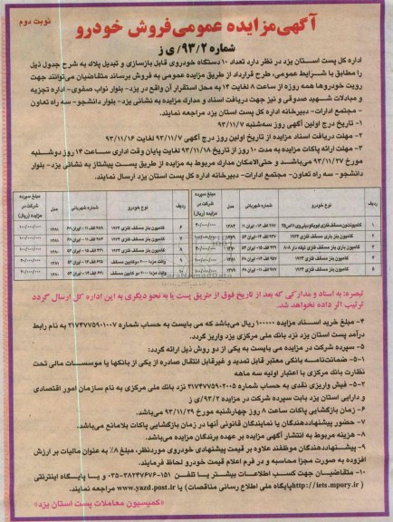 آگهی مزایده عمومی, فروش تعداد 10 دستگاه خودروی قابل بازسازی و تبدیل پلاک