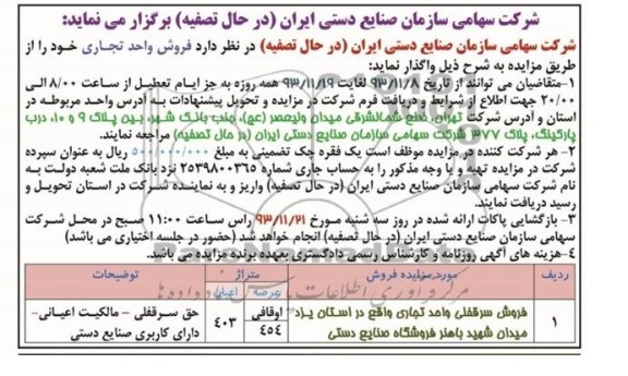 مزایده,فروش سرقفلی واحد تجاری