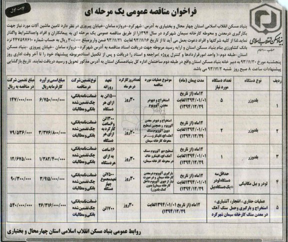 فراخوان مناقصه عمومی یک مرحله ای, مناقصه بلدوزر