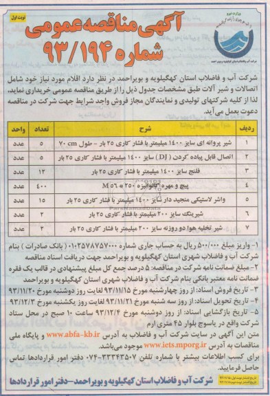 آگهی مناقصه عمومی, مناقصه شیر پروانه ای  