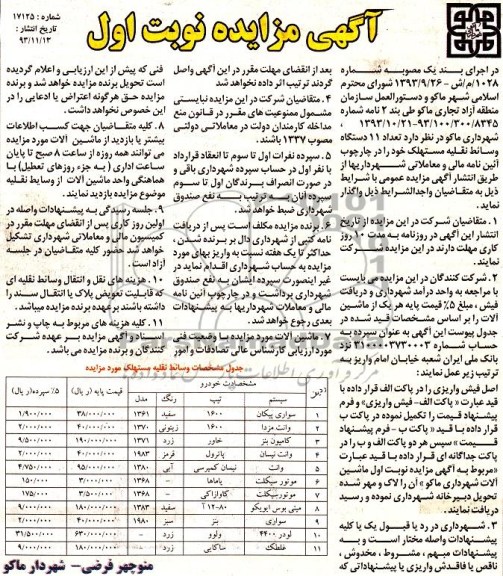 آگهی مزایده , مزایده فروش تعداد 11 دستگاه وسائط نقلیه مستهلک