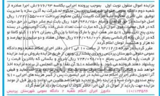 مزایده اموال منقول , مزایده اموال منقول تعداد شش عدد پالت آلومینیومی