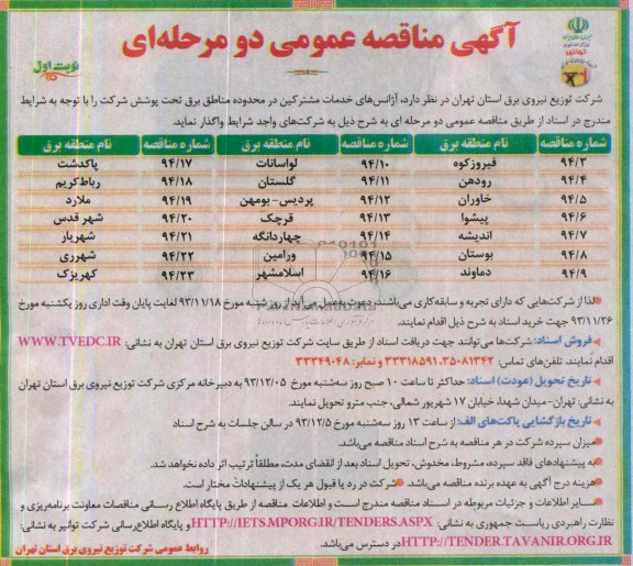 مناقصه , مناقصه آژانس های خدمات مشترکین در محدوده مناطق برق تحت پوشش 