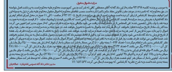 مزایده اموال منقول , مزایده اموال منقول تعداد 10896 بسته چای 500 گرمی ممتاز