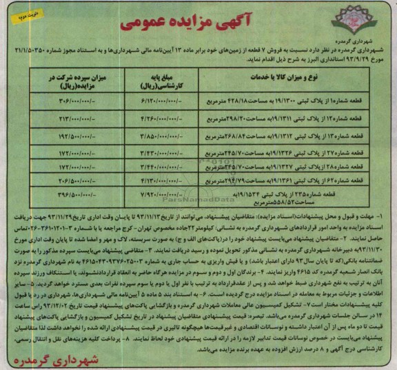 مزایده, فروش 7 قطعه زمین
