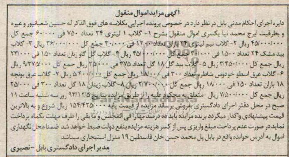 آگهی مزایده اموال منقول,مزایده گلاب