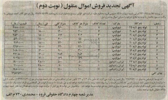 آگهی تجدید فروش اموال منقول,مزایده لوله