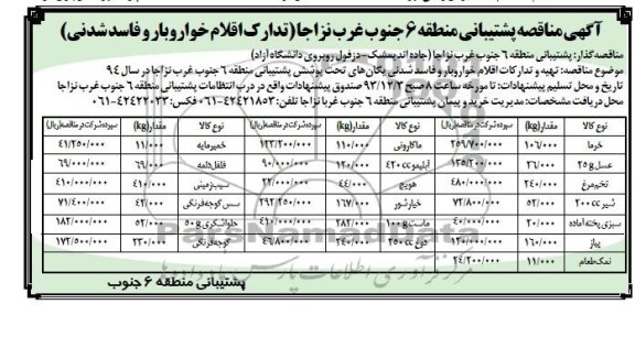 مناقصه , مناقصه تهیه و تدارکات اقلام خوارو بار و فاسد شدنی یگان های تحت پوشش 
