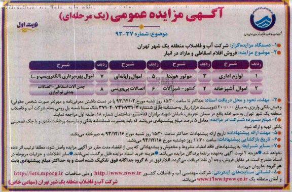 آگهی مزایده عمومی یک مرحله ای,مزایده  فروش اقلام اسقاطی و مازاد 