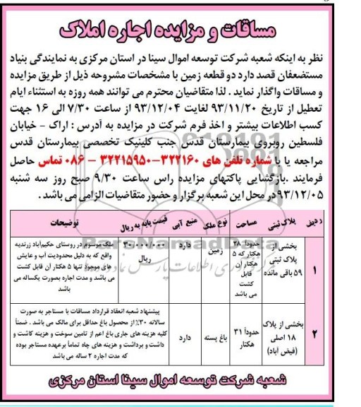 مزایده,واگذاری دو قطعه زمین