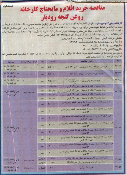 مناقصه, مناقصه خرید اقلام و مایحتاج شامل خرید درب دو تکه شیشه روغن زیتون