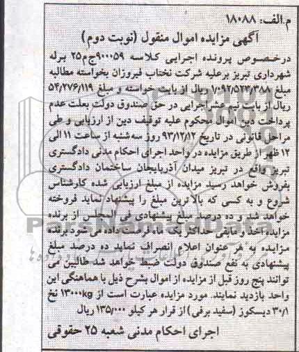 آگهی مزایده اموال منقول,مزایده 13000KG نخ 30/1 دیسکوز (سفید برفی)