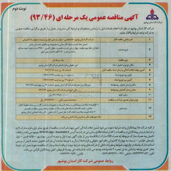 آگهی مناقصه عمومی یک مرحله ای , مناقصه اجرای خط تغذیه و شبکه گازرسانی