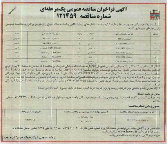 فراخوان مناقصه , فراخوان مناقصه  12  ردیف استانداردهای آزمایشگاهی  ( استاندارد 11173)