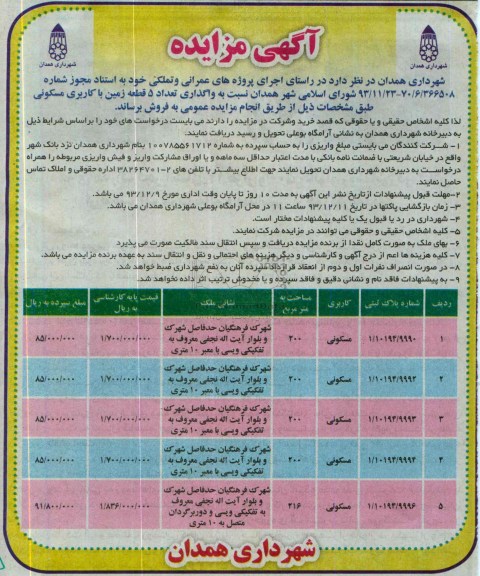 مزایده,واگذاری تعداد 5 قطعه زمین