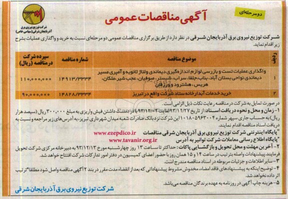 مناقصه عمومی ,مناقصه عمومی واگذاری عملیات تست و بازرسی لوازم اندازه گیری دیماندی 