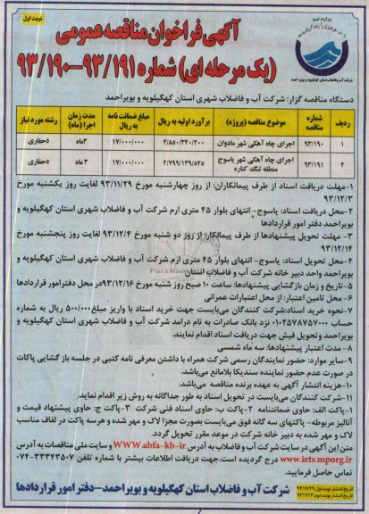 آگهی فراخوان مناقصه عمومی یک مرحله ای , مناقصه پروژه اجرای چاه آهکی