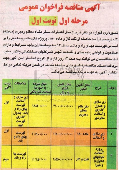 آگهی مناقصه , مناقصه  واگذاری زیرسازی و جدول گذاری و آسفالت معابر 