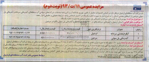 مزایده عمومی , مزایده عمومی بهره برداری از آبدرمانی