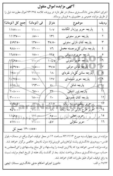 آگهی مزایده اموال منقول ,مزایده فروش پارچه حریر پرزدار الگانت