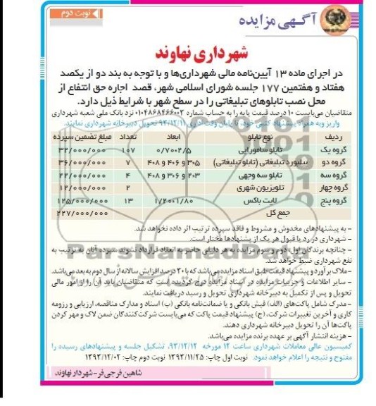 مزایده , مزایده اجاره حق انتفاع از محل نصب تابلوهای تبلیغاتی