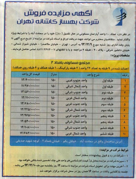 مزایده,واگذاری ده واحد اپارتمان مسکونی