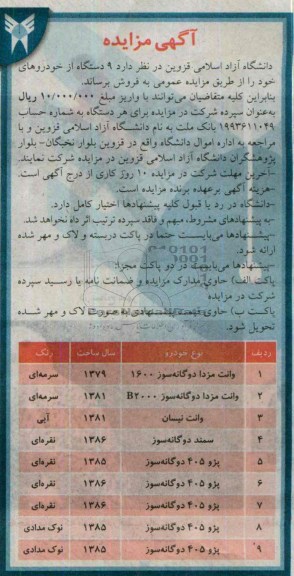 آگهی مزایده ,مزایده فروش 9 دستگاه از خودروهای