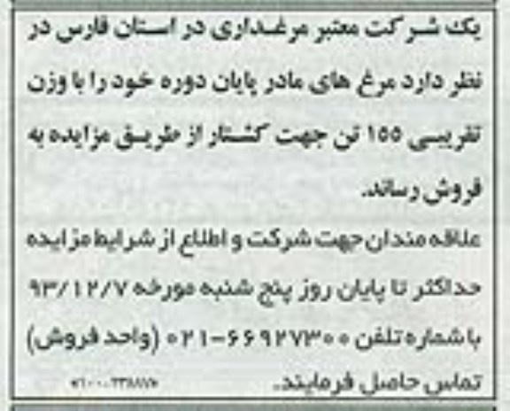 مزایده,مزایده مرغ های مادر پایان دوره