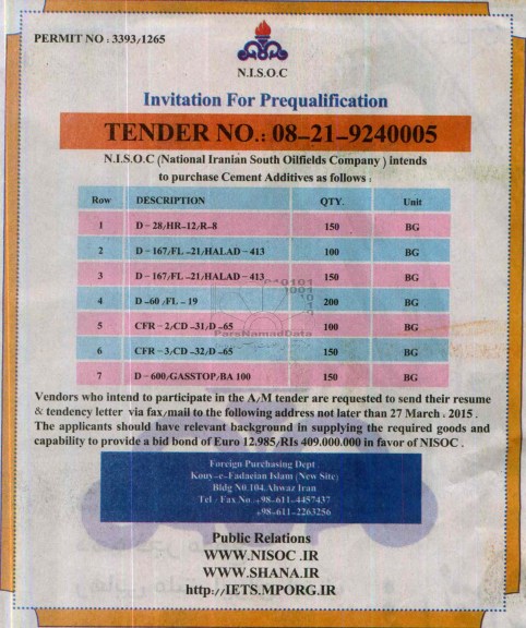 cement additives مناقصه 