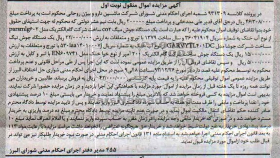 آگهی مزایده اموال منقول, مزایده یک دستگاه جوش میگ CO2 ساخت شرکت گام الکتریک