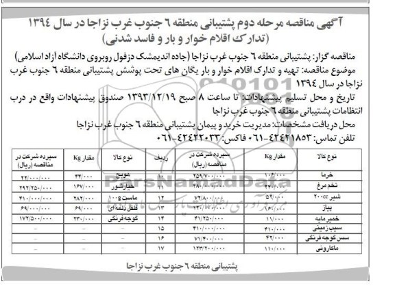 مناقصه , مناقصه تهیه و تدارکات اقلام خوارو بار و فاسد شدنی 