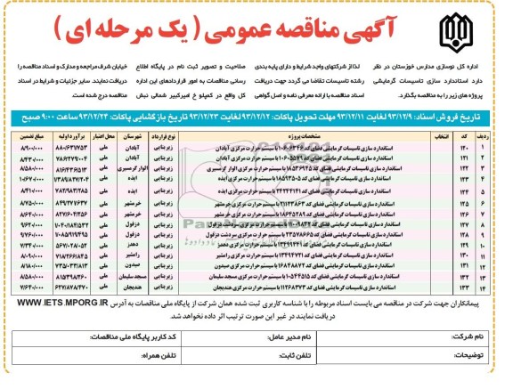 آگهی مناقصه عمومی یک مرحله ای , مناقصه استاندارد سازی تاسیسات گرمایشی