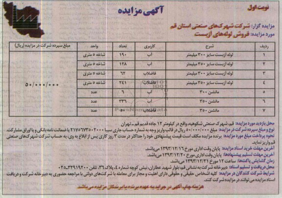 آگهی مزایده,مزایده فروش لوله های آزبست