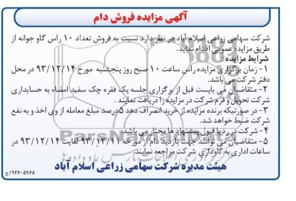 مزایده , مزایده فروش تعداد 10 راس گاو جوانه