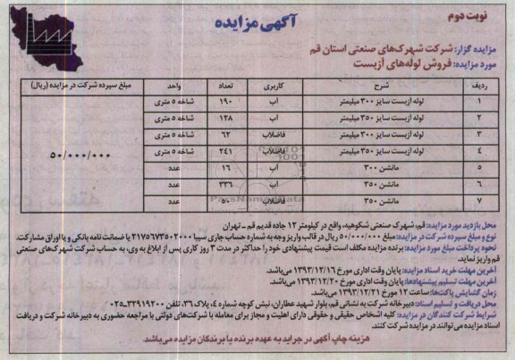 آگهی مزایده,مزایده فروش لوله های آزبست