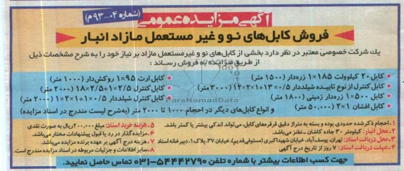 مزایده, بخشی از کابل های نو و غیر مستعمل مازاد