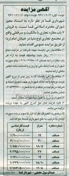 مزایده,فروش هفت باب مغازه تجاری